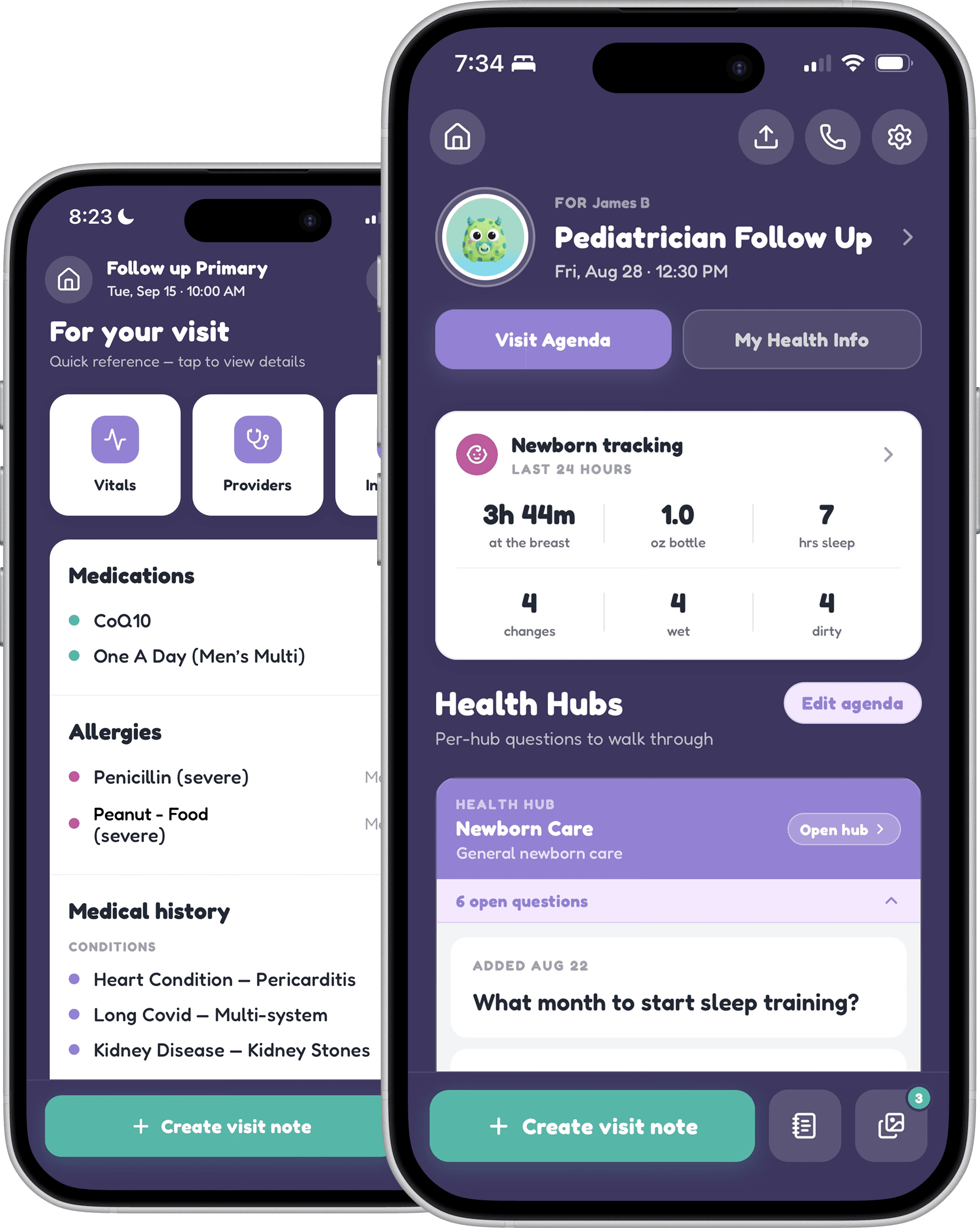 The Wellama app showing appointment prep for a pediatrician follow up: a visit agenda with newborn tracking and open questions, beside a quick-reference card of medications, allergies and medical history