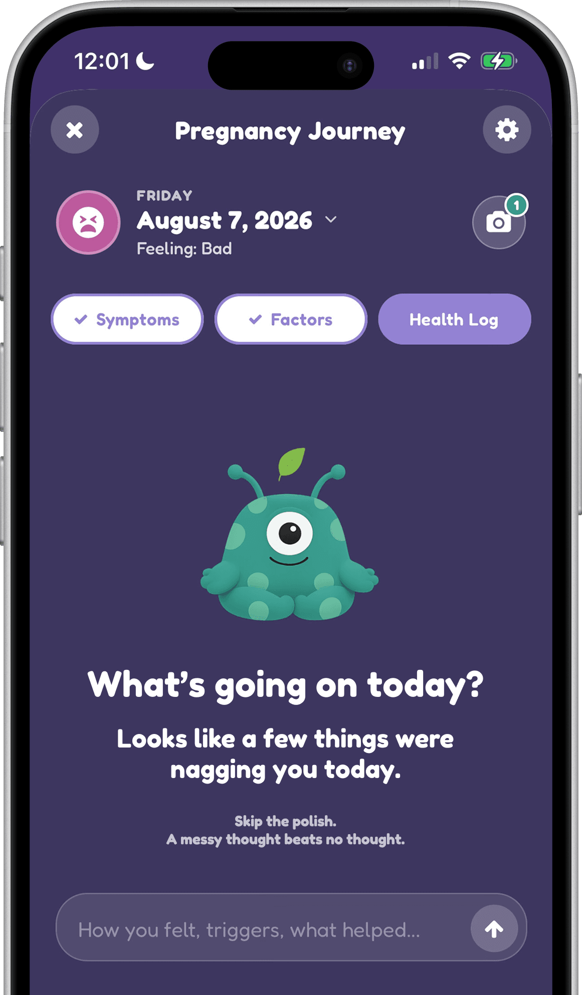 The Wellama app showing a daily check-in for a pregnancy journey, asking what's going on today