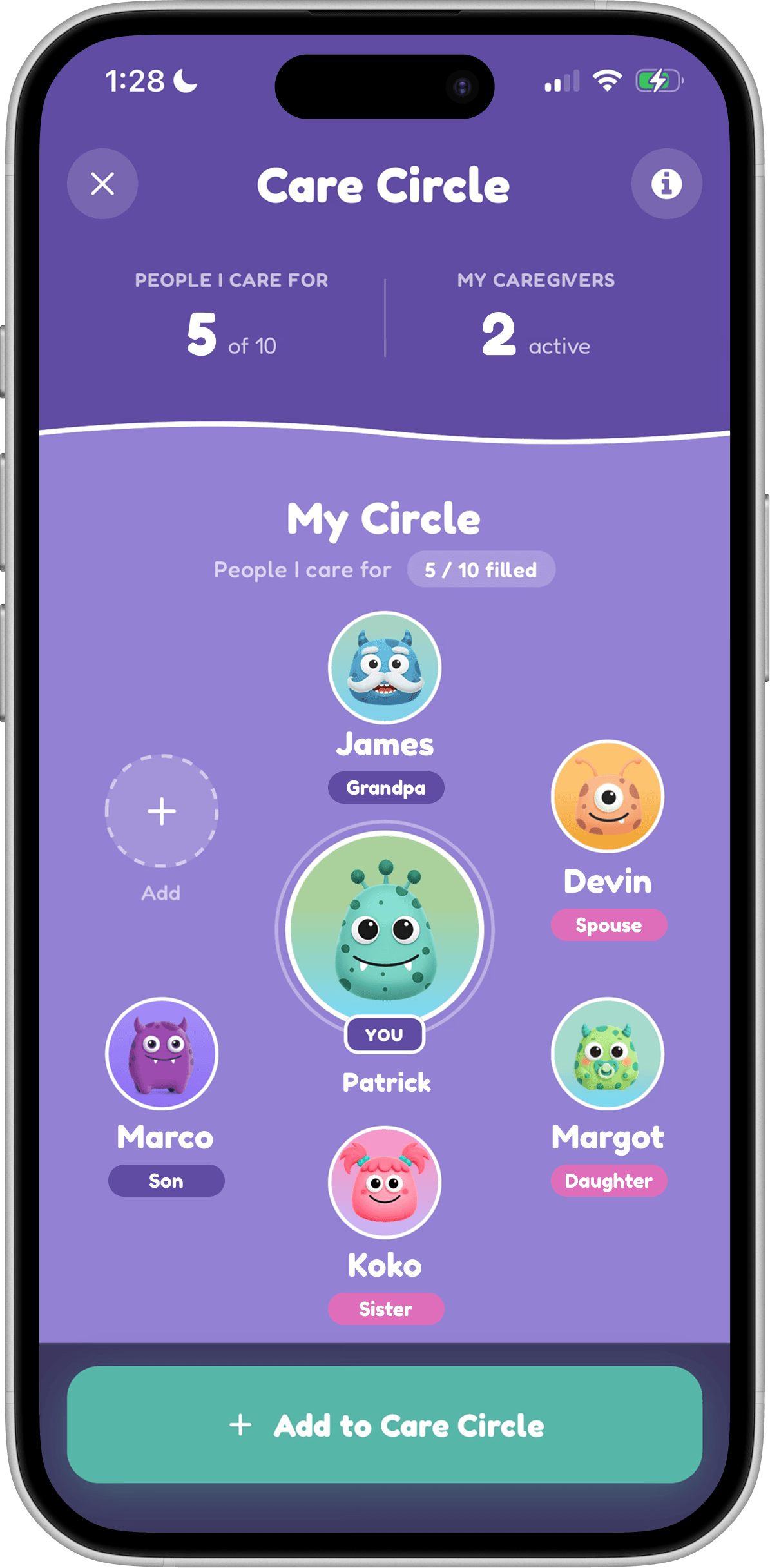 The Care Circle screen in Wellama, showing family members with owner and editor roles