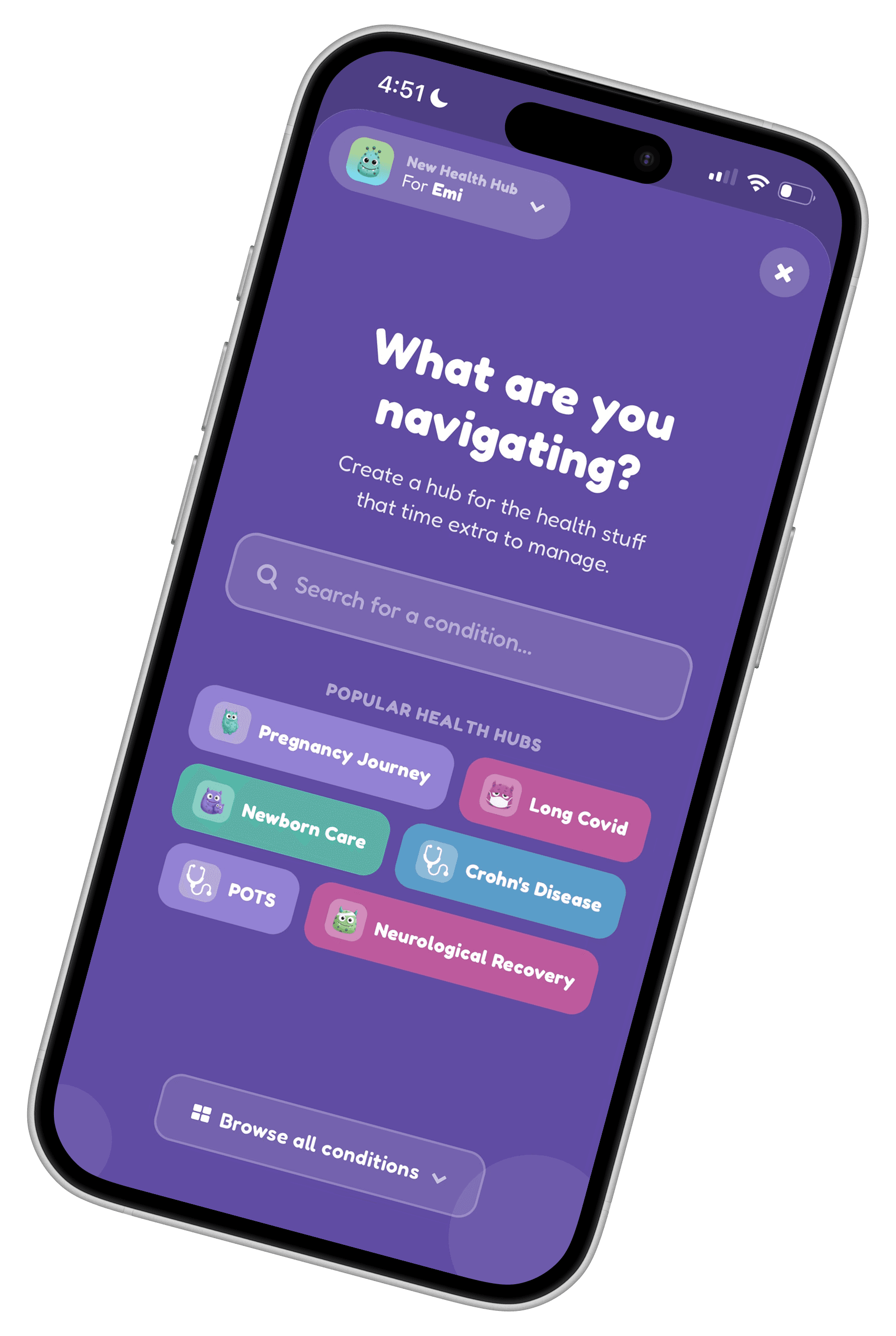 Creating a Health Hub in Wellama, with popular options like Pregnancy Journey, Newborn Care, Long Covid and Crohn's Disease